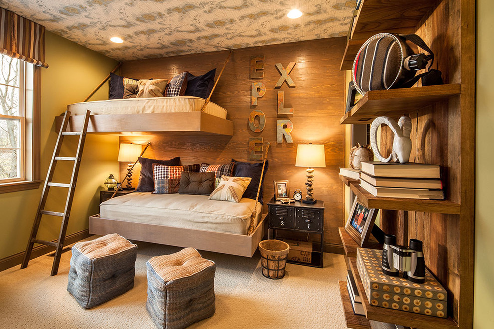 Exemple d'une chambre d'enfant de 4 à 10 ans tendance de taille moyenne avec moquette, un mur multicolore et un lit superposé.