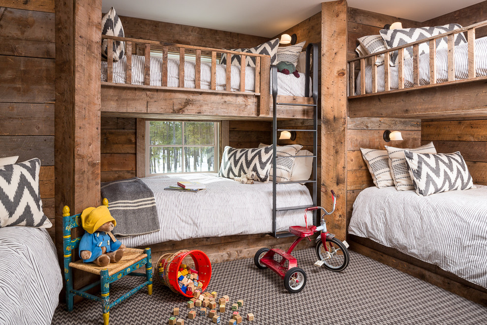 Пример оригинального дизайна: нейтральная детская в морском стиле с спальным местом и ковровым покрытием для ребенка от 4 до 10 лет, двоих детей