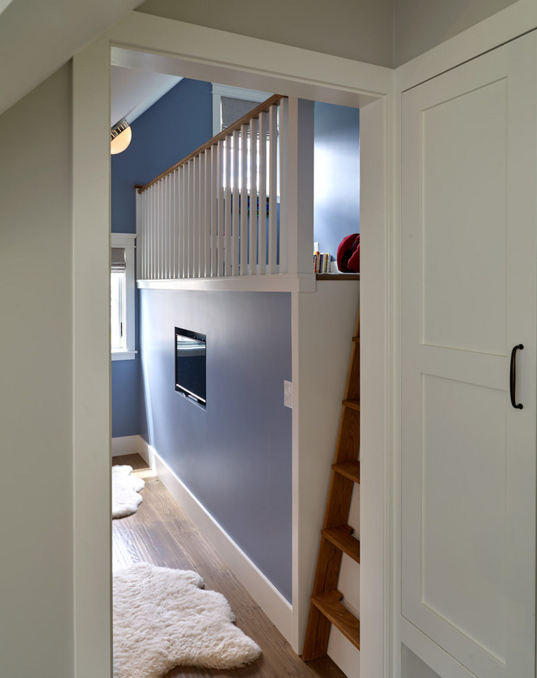 Small transitional boy kids' bedroom photo in Portland Maine with blue walls