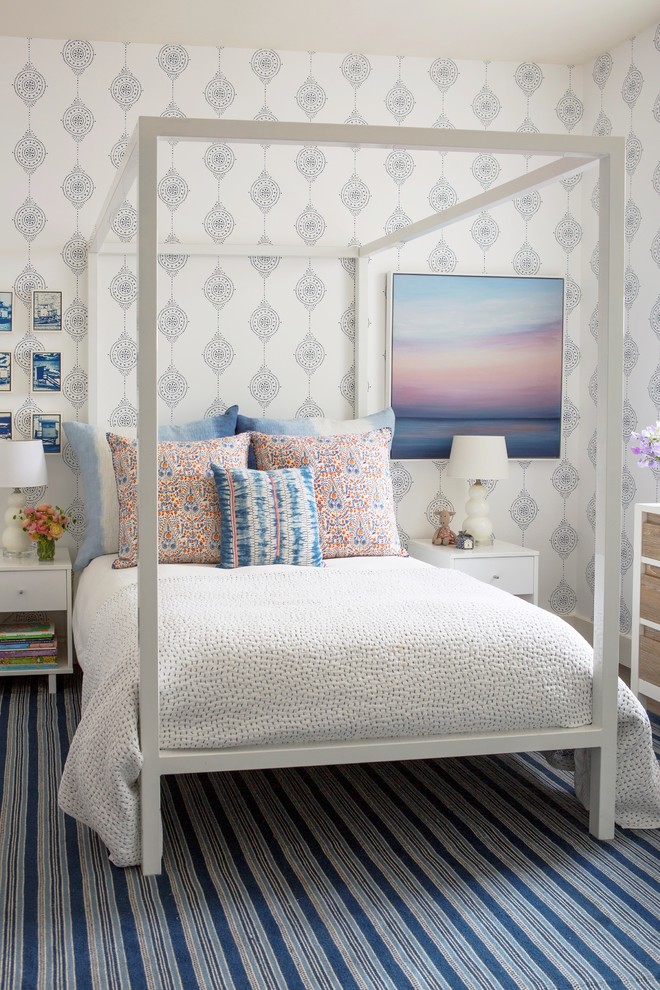 Nautical kids' bedroom for girls in Los Angeles with multi-coloured walls.