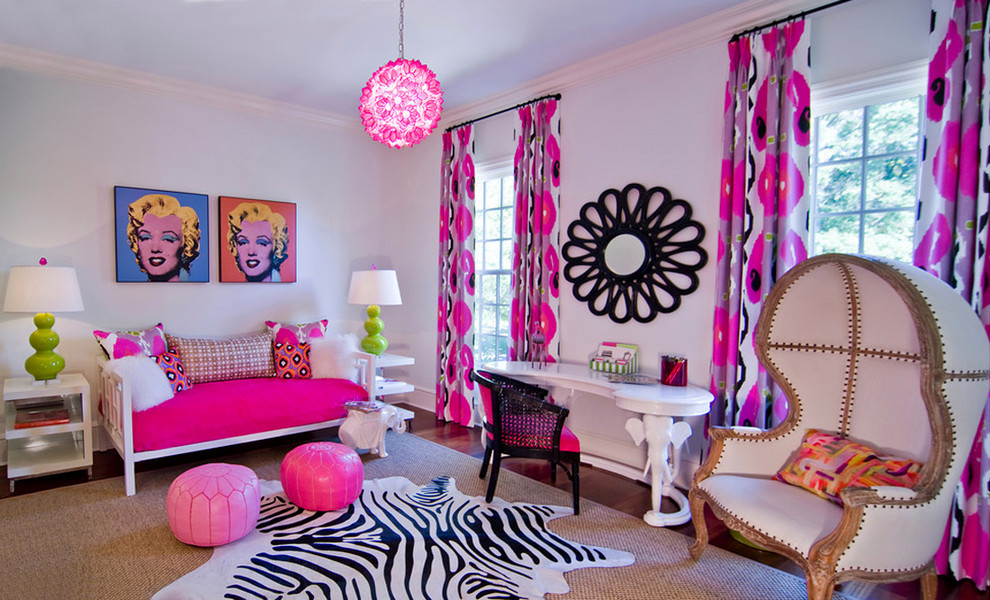 Eclectic girl dark wood floor kids' room photo in Charlotte with white walls