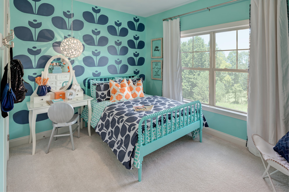 This is an example of a classic teen’s room for girls in Atlanta with carpet, beige floors and multi-coloured walls.
