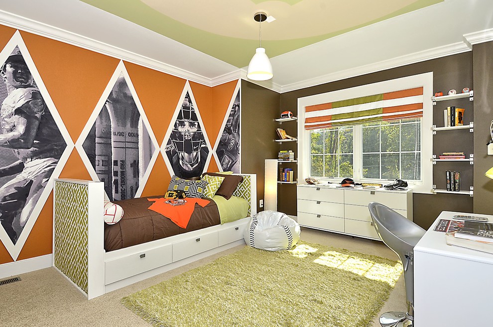Foto de dormitorio infantil de 4 a 10 años contemporáneo de tamaño medio con moqueta, paredes multicolor y suelo beige
