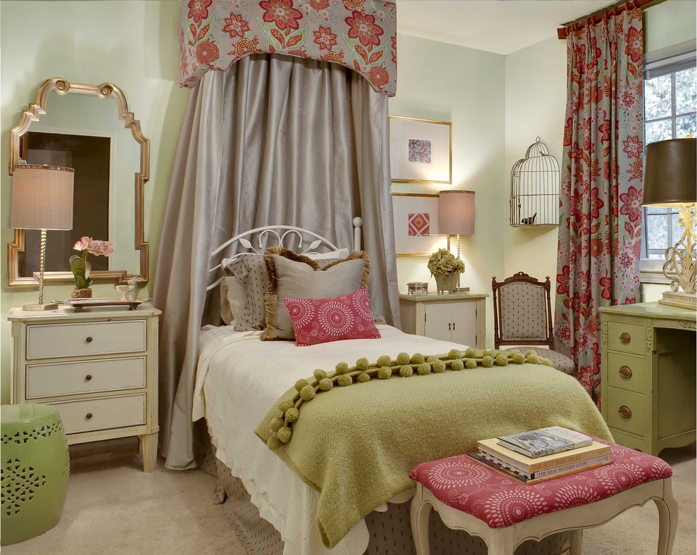 Example of a mid-sized transitional girl carpeted kids' room design in Kansas City with blue walls