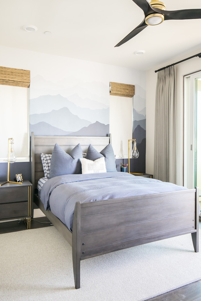 Inspiration for a contemporary teen’s room for boys in San Diego with grey walls and medium hardwood flooring.