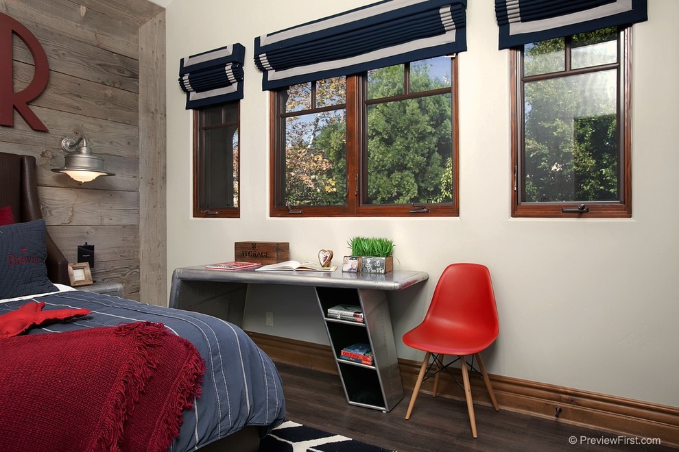 Inspiration for a medium sized traditional teen’s room for boys in San Diego with beige walls and dark hardwood flooring.