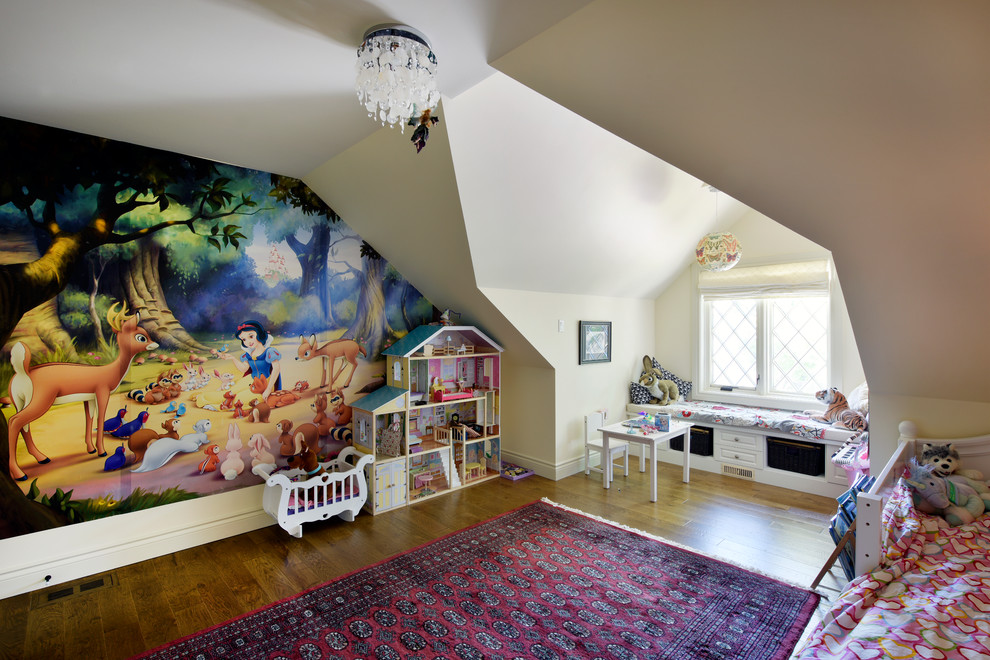 Design ideas for a large retro children’s room for girls in Ottawa with beige walls and medium hardwood flooring.