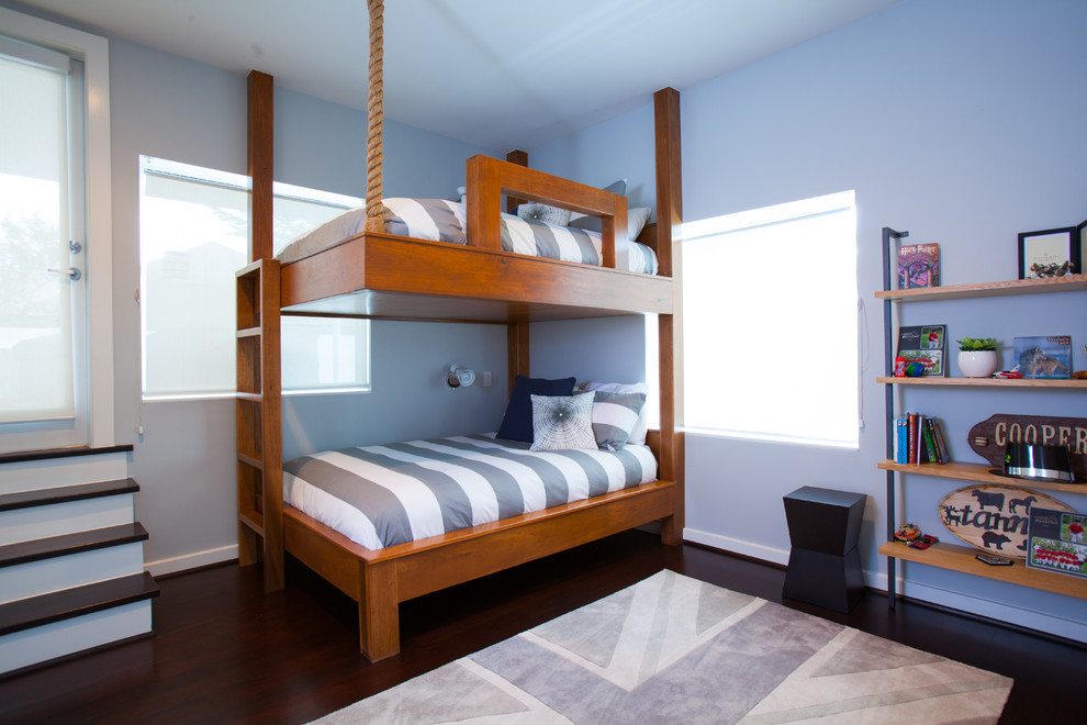 Idéer för funkis pojkrum kombinerat med sovrum och för 4-10-åringar, med blå väggar