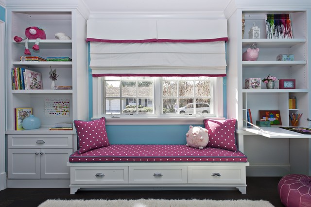 Small Built In Window Seat with Elephant Pillow - Transitional - Girl's Room