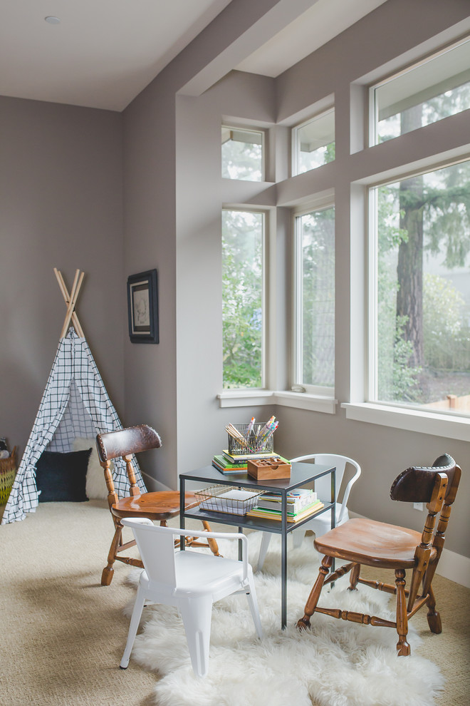 Inspiration for a transitional carpeted and beige floor playroom remodel in Seattle with gray walls