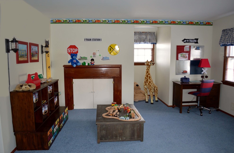 Exemple d'une chambre d'enfant de 4 à 10 ans chic de taille moyenne avec un mur blanc et moquette.