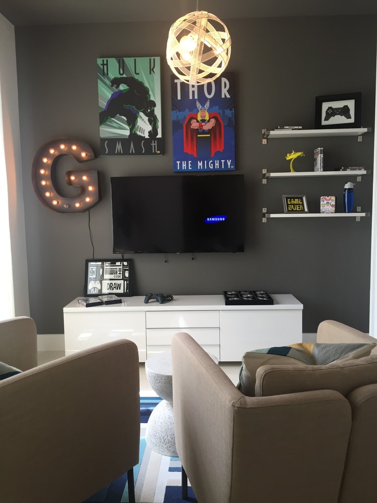 Photo of a large contemporary playroom for boys in Miami with grey walls.