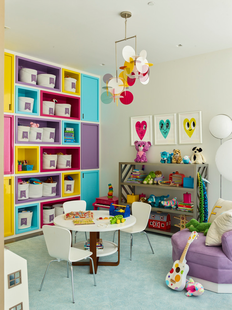Diseño de dormitorio infantil contemporáneo con paredes blancas y suelo azul
