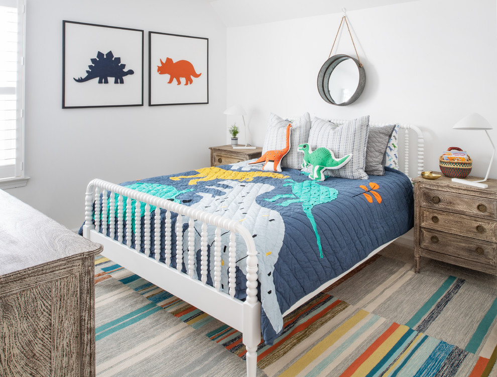 Diseño de habitación de niño marinera pequeña con paredes blancas, moqueta y suelo gris