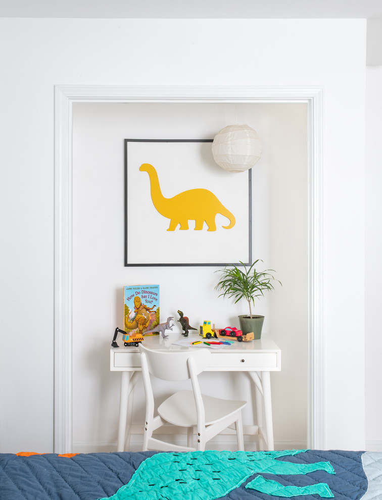Small coastal kids' bedroom in Raleigh with white walls, carpet and white floors.