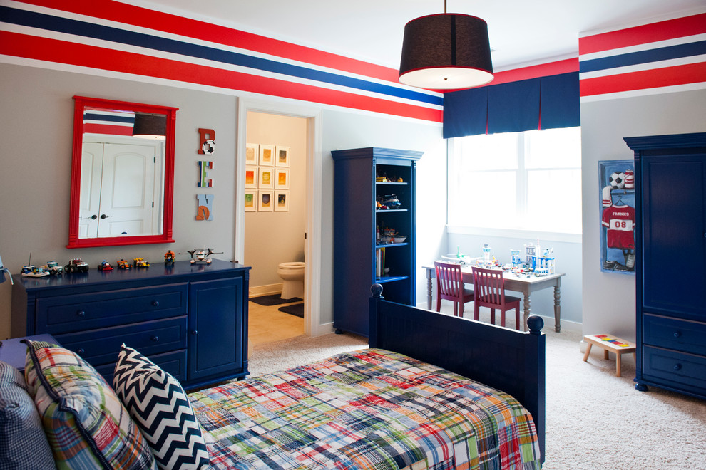 Imagen de dormitorio infantil de 4 a 10 años tradicional renovado de tamaño medio con paredes grises y moqueta