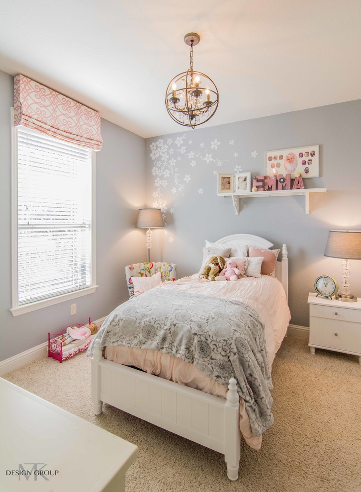 Transitional girl carpeted and beige floor kids' room photo in Dallas with gray walls