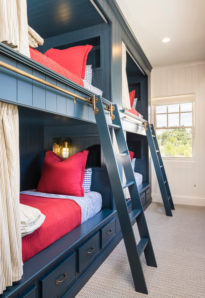Inspiration for a farmhouse gender-neutral carpeted kids' bedroom remodel in Salt Lake City with white walls