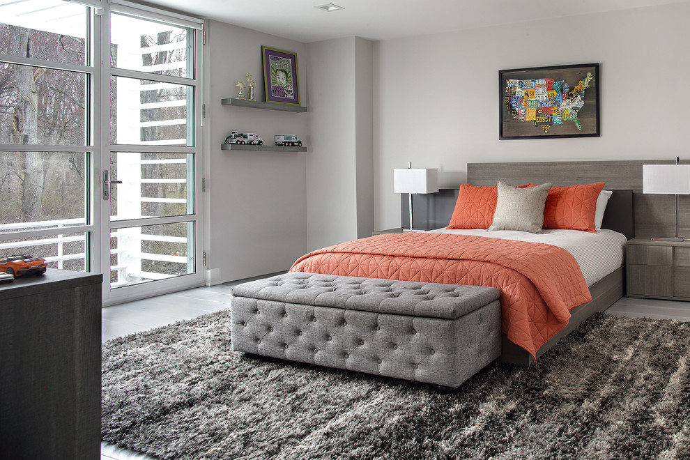 Modernes Jugendzimmer mit Schlafplatz, grauer Wandfarbe und grauem Boden in New York
