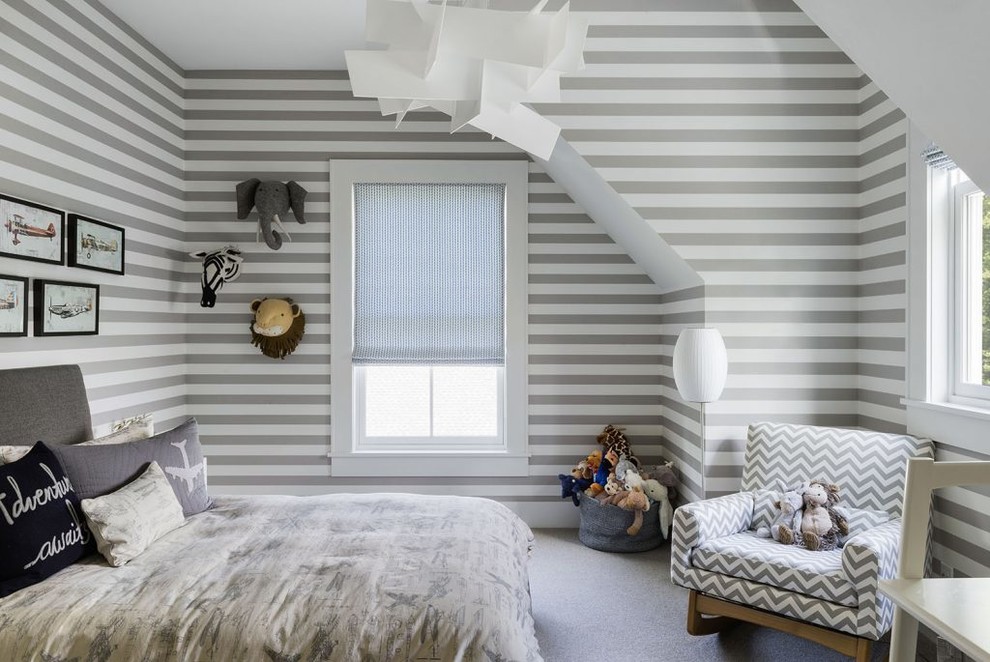 Kids' room - transitional boy carpeted and gray floor kids' room idea in Minneapolis with multicolored walls