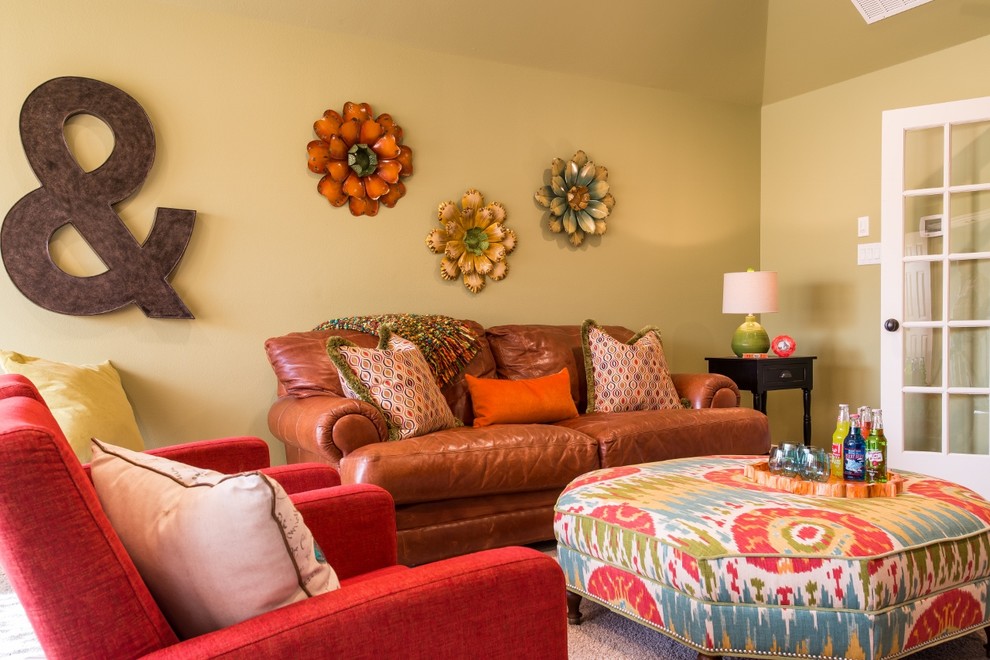 Large transitional gender-neutral carpeted kids' room photo in Dallas with brown walls