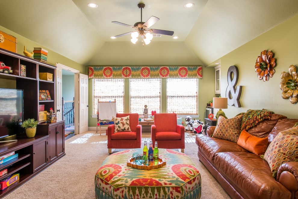 Photo of a large classic gender neutral kids' bedroom in Dallas with green walls and carpet.