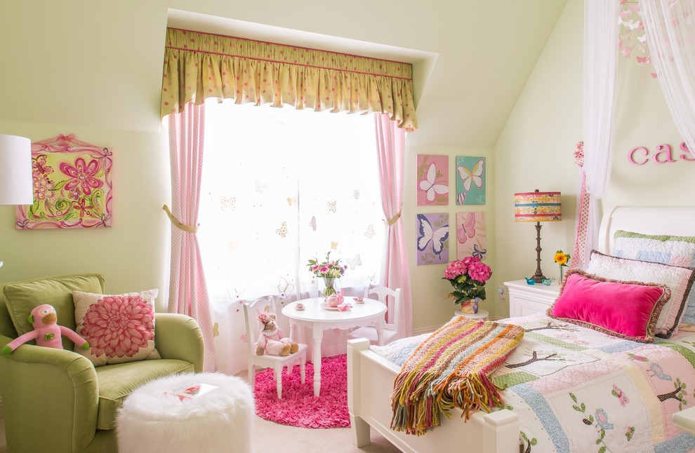 Large elegant girl carpeted kids' room photo in Dallas with white walls