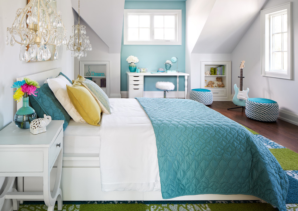 Large traditional teen’s room for girls in Toronto with dark hardwood flooring and grey walls.