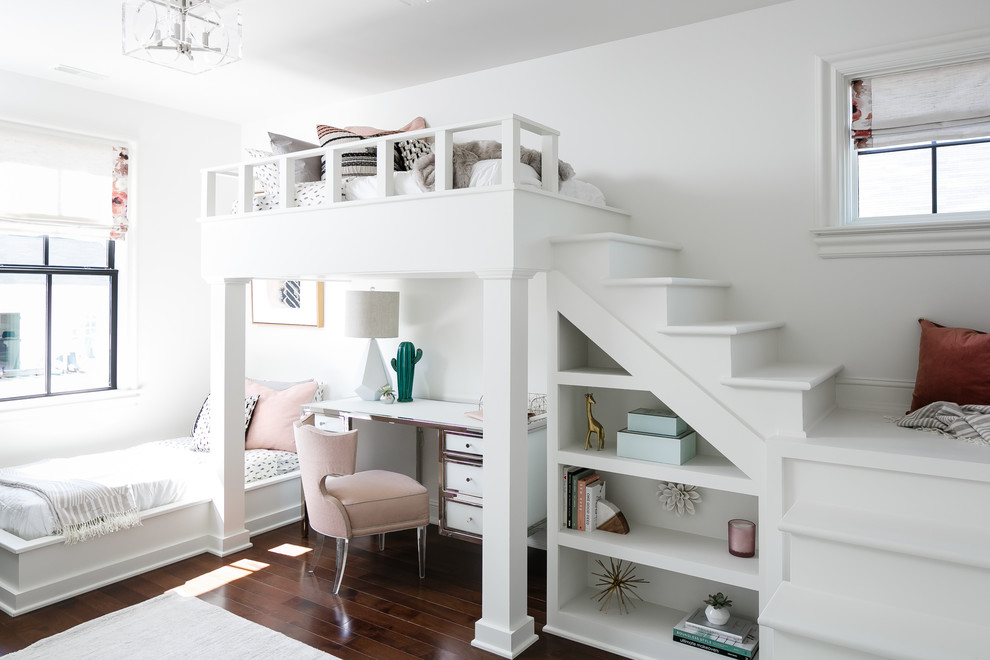 Inspiration for a mid-sized transitional girl brown floor and dark wood floor kids' room remodel in Louisville with white walls