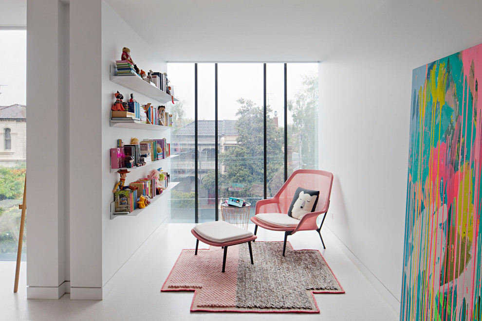 Inspiration for a contemporary playroom in Melbourne with white walls and white floors.