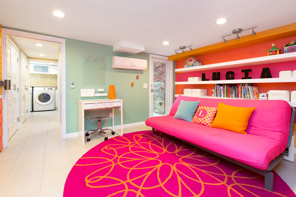 Inspiration for a mid-sized contemporary girl kids' room remodel in DC Metro with blue walls