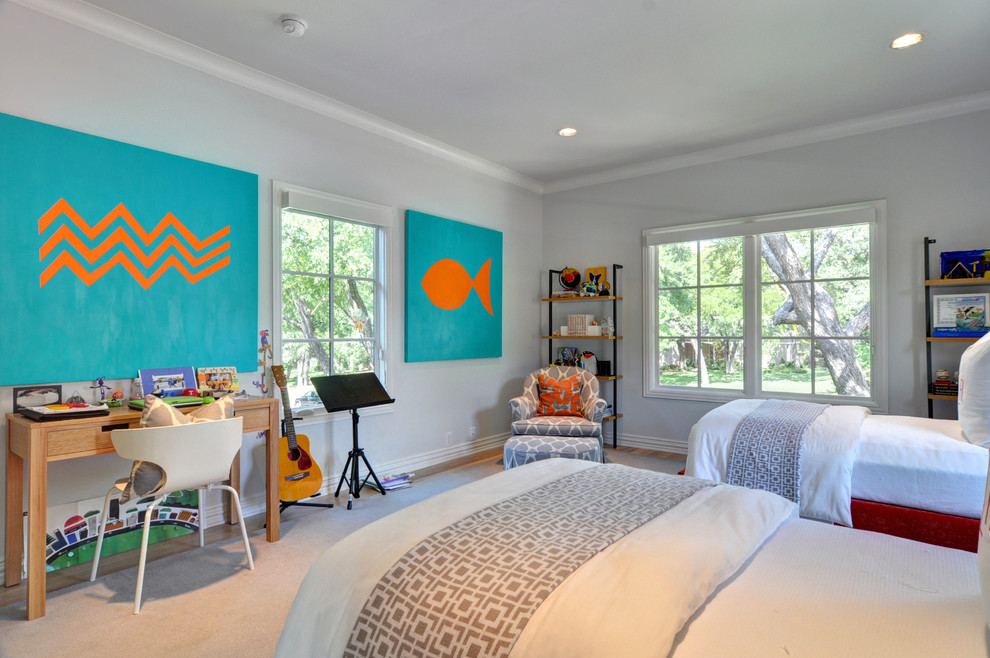 Classic children’s room for boys in Dallas with grey walls and carpet.