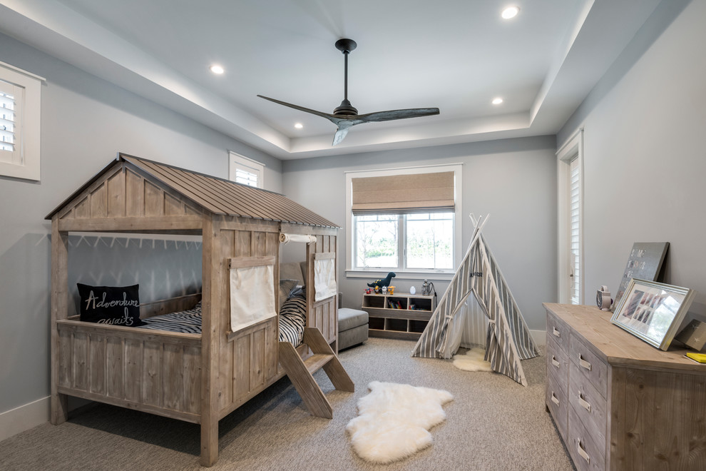Kids' bedroom - contemporary gender-neutral carpeted and gray floor kids' bedroom idea in Miami with gray walls