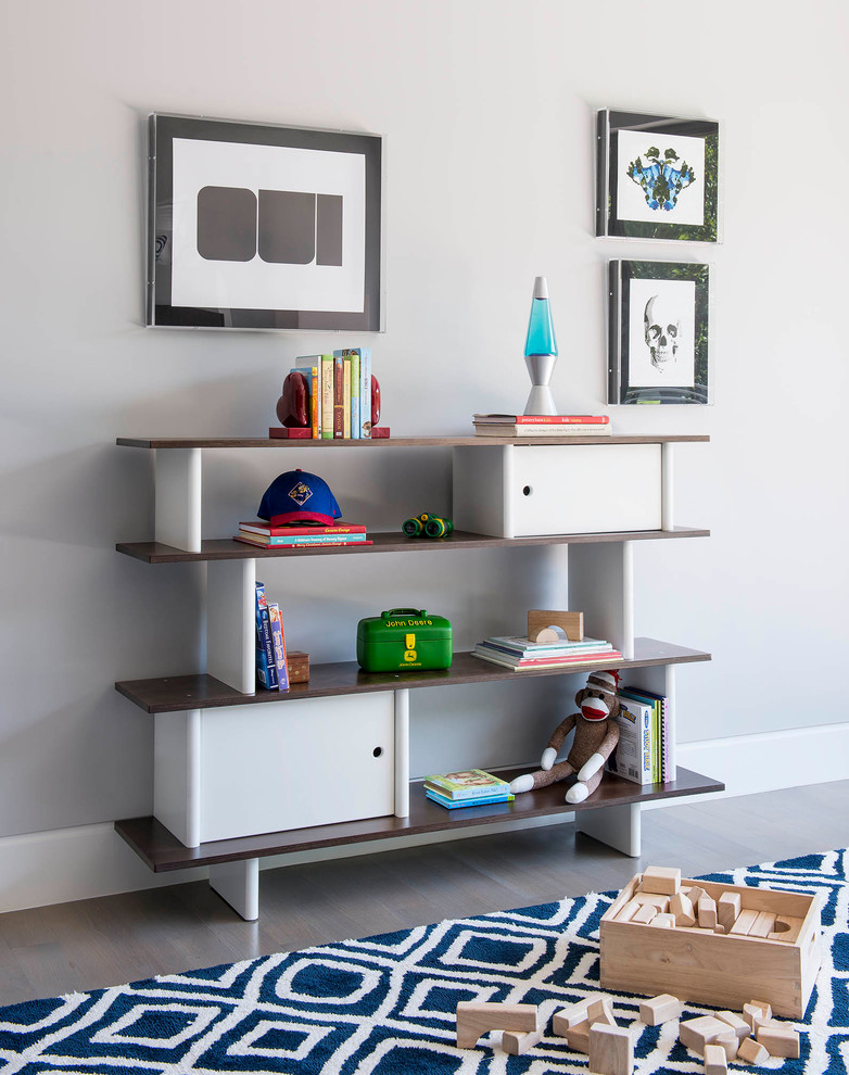 Inspiration for a contemporary kids' bedroom in Dallas with grey walls and dark hardwood flooring.