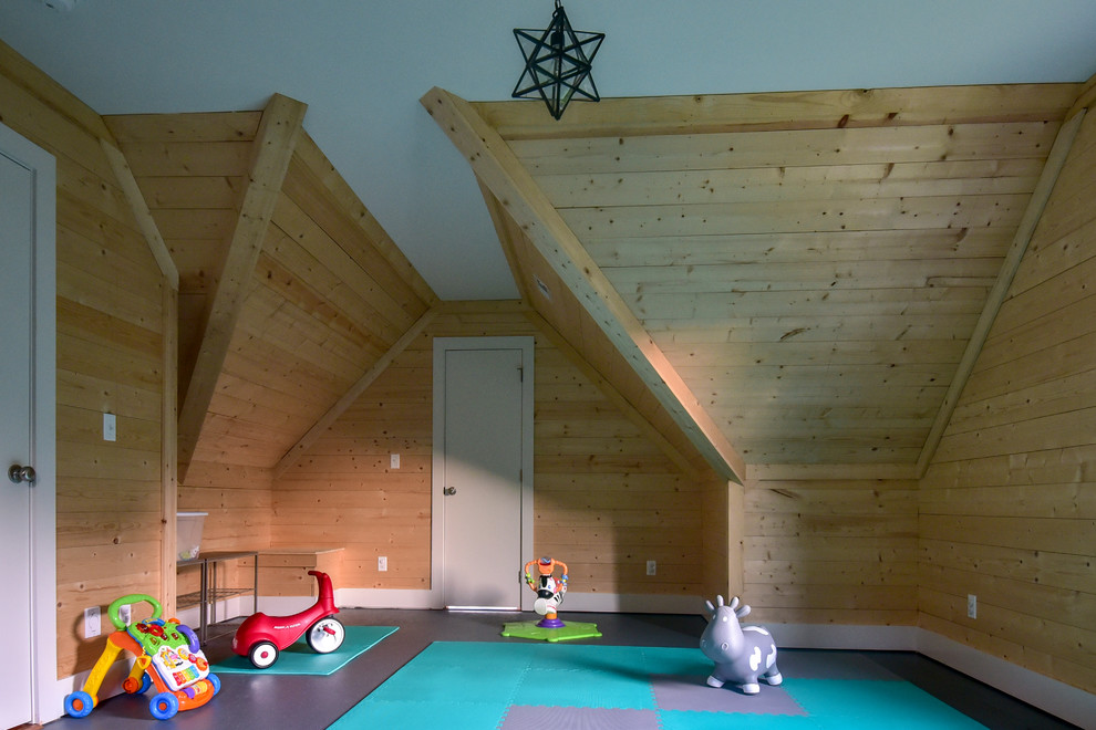 Inspiration for a mid-sized farmhouse playroom remodel in Other with brown walls
