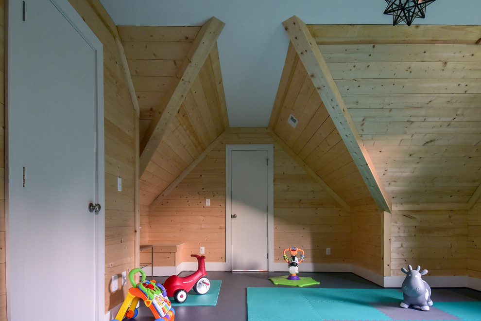 Источник вдохновения для домашнего уюта: детская с игровой среднего размера в стиле кантри с коричневыми стенами