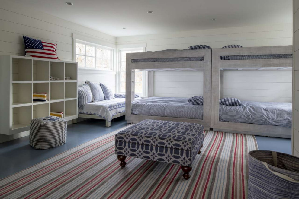 Example of a cottage gender-neutral carpeted and beige floor kids' bedroom design in Minneapolis with white walls