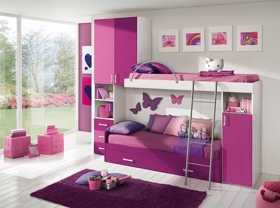 Modern inredning av ett flickrum kombinerat med sovrum och för 4-10-åringar