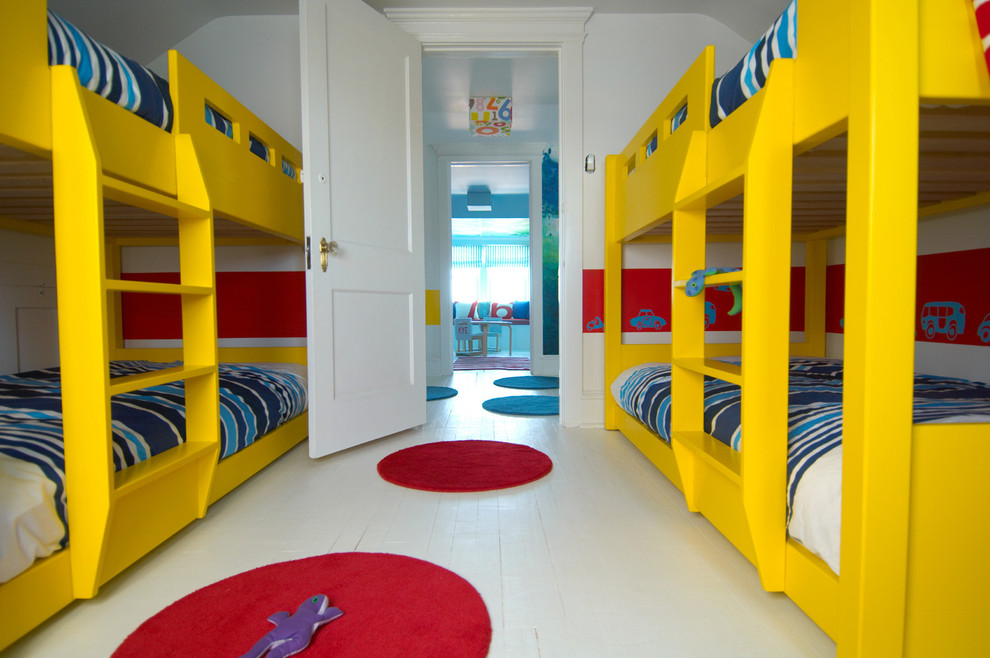Inspiration for a modern gender-neutral painted wood floor and white floor kids' room remodel in Other with white walls