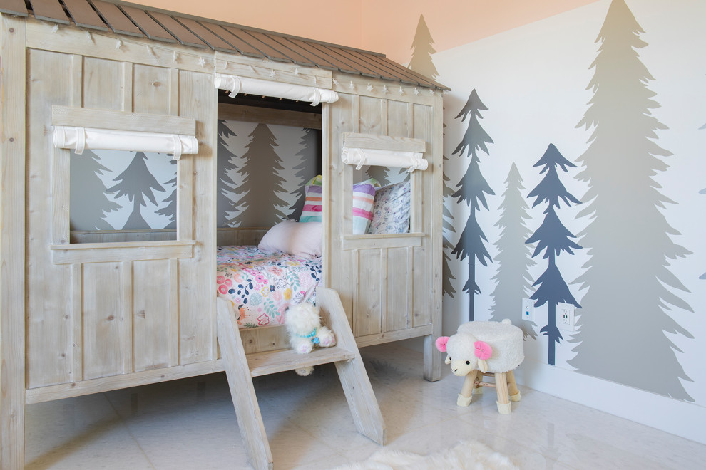 На фото: большая детская в стиле модернизм с спальным местом, серыми стенами, мраморным полом и белым полом для ребенка от 1 до 3 лет, девочки с