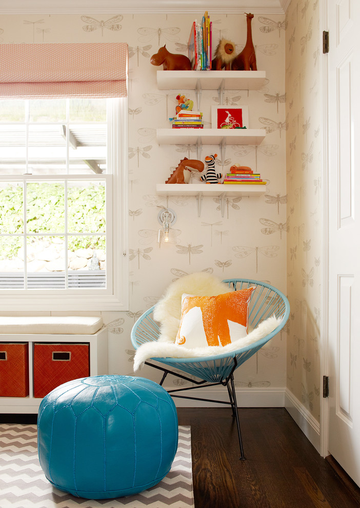 Inspiration for a mid-sized transitional boy dark wood floor kids' room remodel in San Francisco with white walls