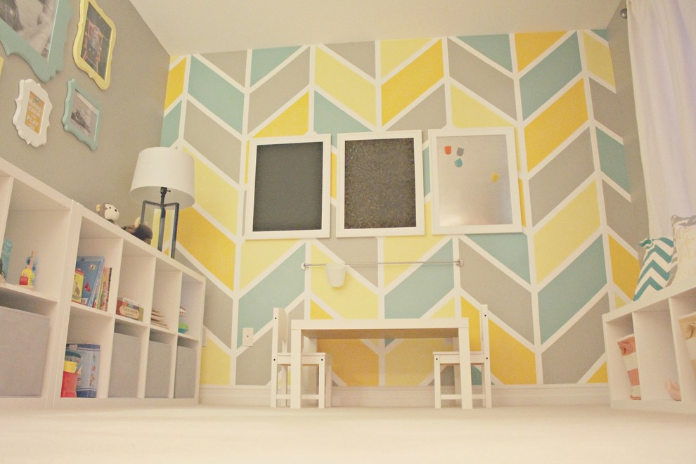 Medium sized modern gender neutral playroom in New York with grey walls.