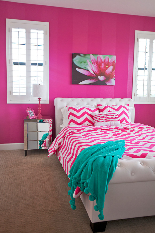 Mittelgroßes Modernes Mädchenzimmer mit Schlafplatz, rosa Wandfarbe und Teppichboden in Phoenix