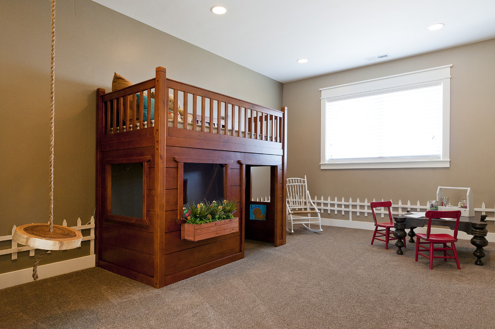Design ideas for a classic gender neutral kids' bedroom in Salt Lake City with beige walls and carpet.