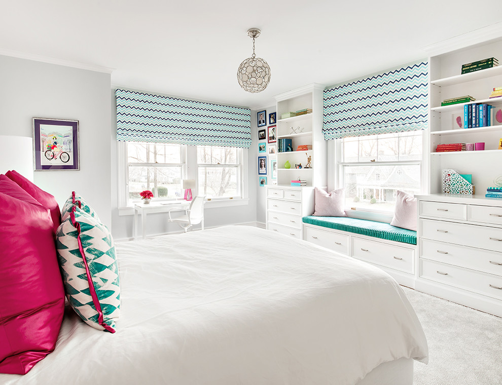 Design ideas for a traditional teen’s room for girls in New York with white walls and white floors.