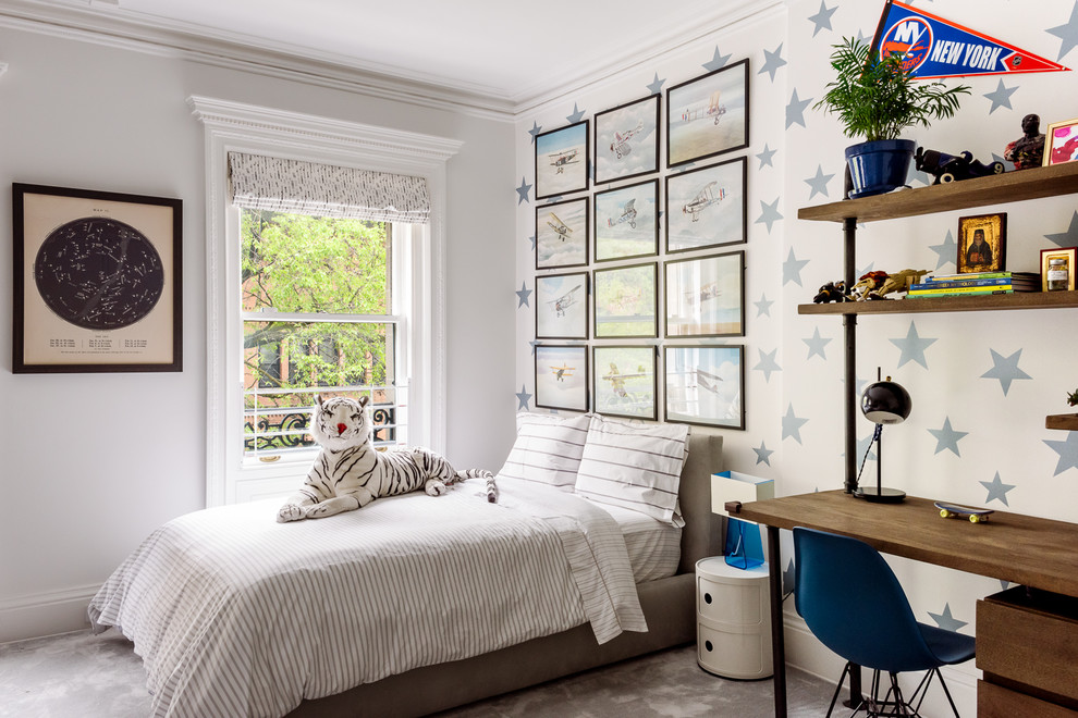 Inspiration for a transitional carpeted and gray floor kids' bedroom remodel in New York with gray walls