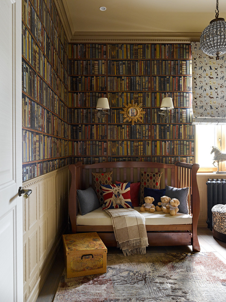 Источник вдохновения для домашнего уюта: нейтральная детская среднего размера в стиле фьюжн с разноцветными стенами, спальным местом и ковровым покрытием