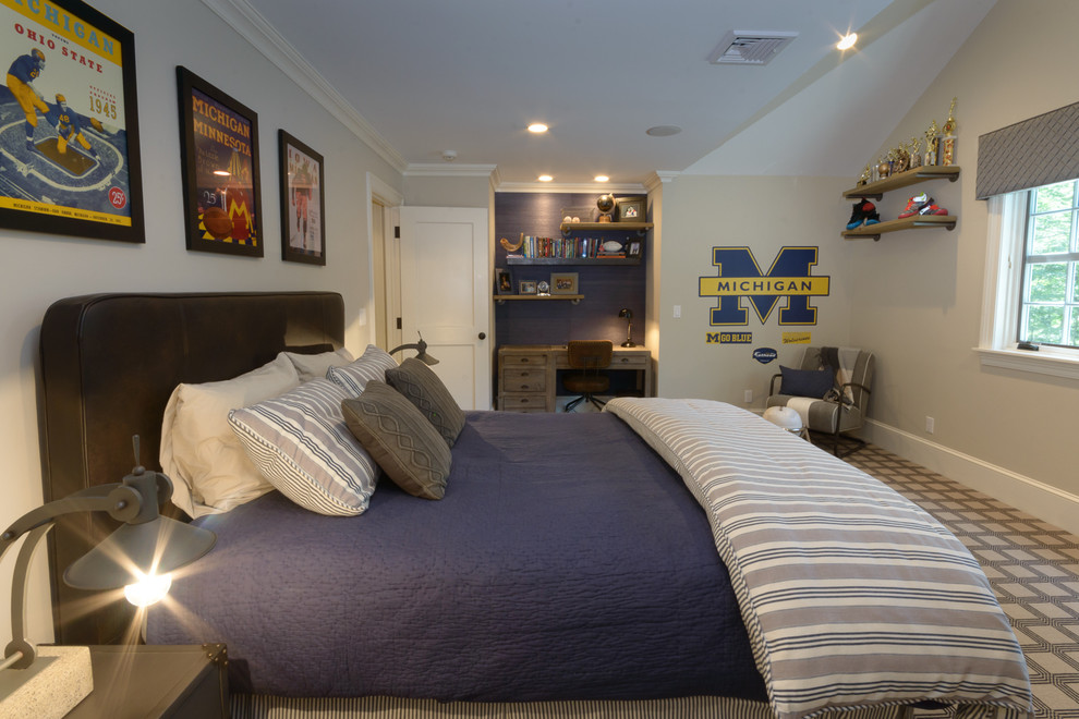 Photo of a medium sized classic teen’s room for boys in New York with beige walls and carpet.