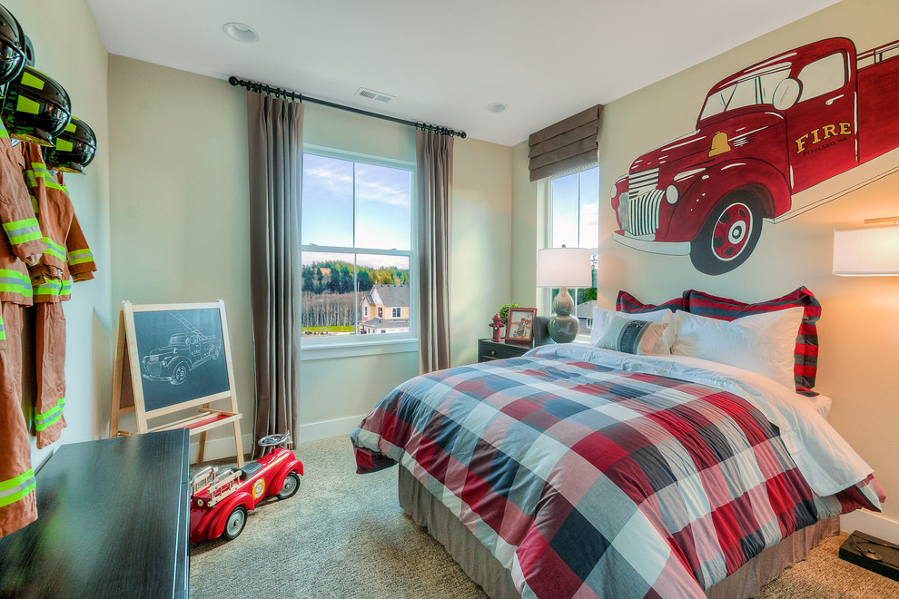 Imagen de dormitorio infantil de 1 a 3 años de estilo americano con paredes grises y moqueta