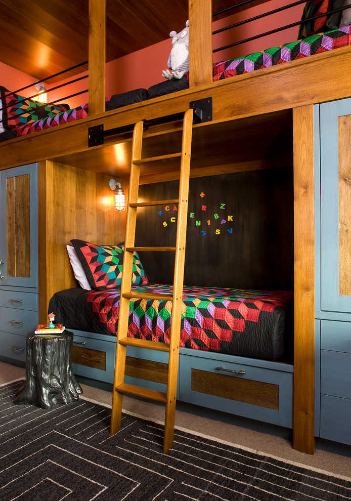 Rustic kids' bedroom in Denver with multi-coloured walls.
